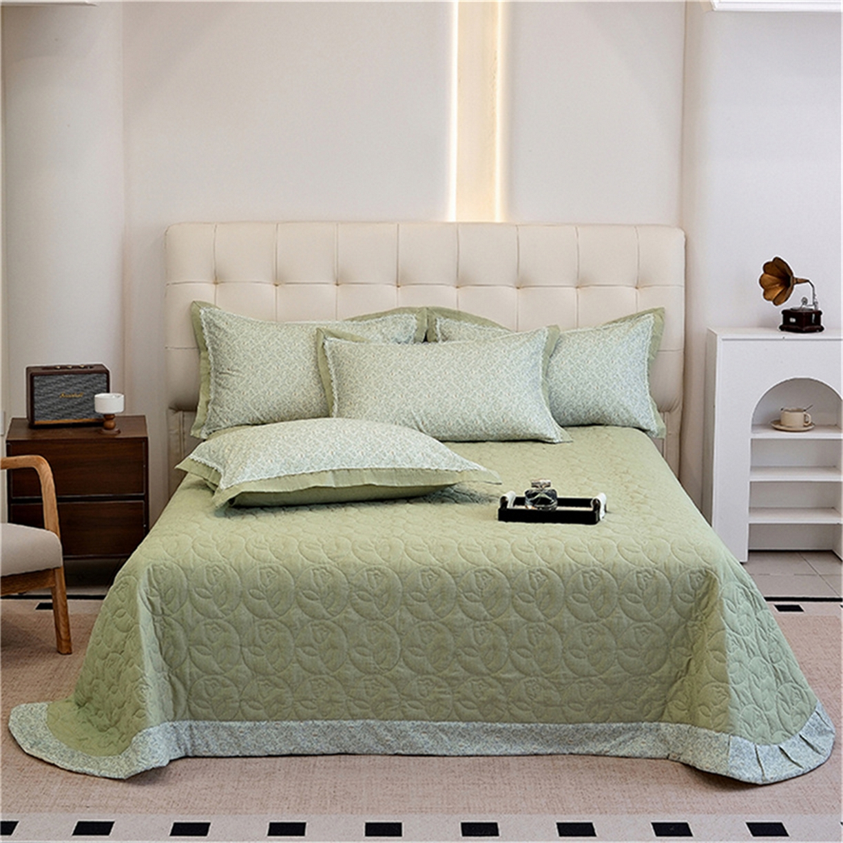 91家纺网 家纺一手货源 找家纺 OL家纺 2025新款100s全棉磨毛印染加刺绣四件套（控价1.5/1.8标准被套折券后368元！！！） 苹果绿