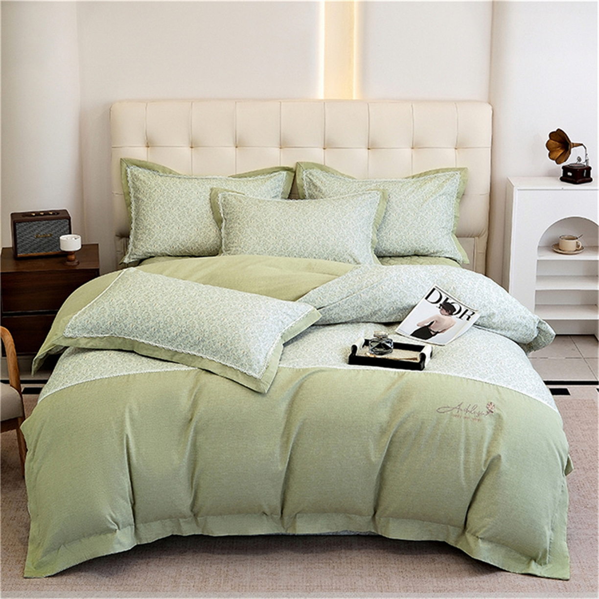 91家纺网 家纺一手货源 找家纺 OL家纺 2025新款100s全棉磨毛印染加刺绣四件套（控价1.5/1.8标准被套折券后368元！！！） 苹果绿