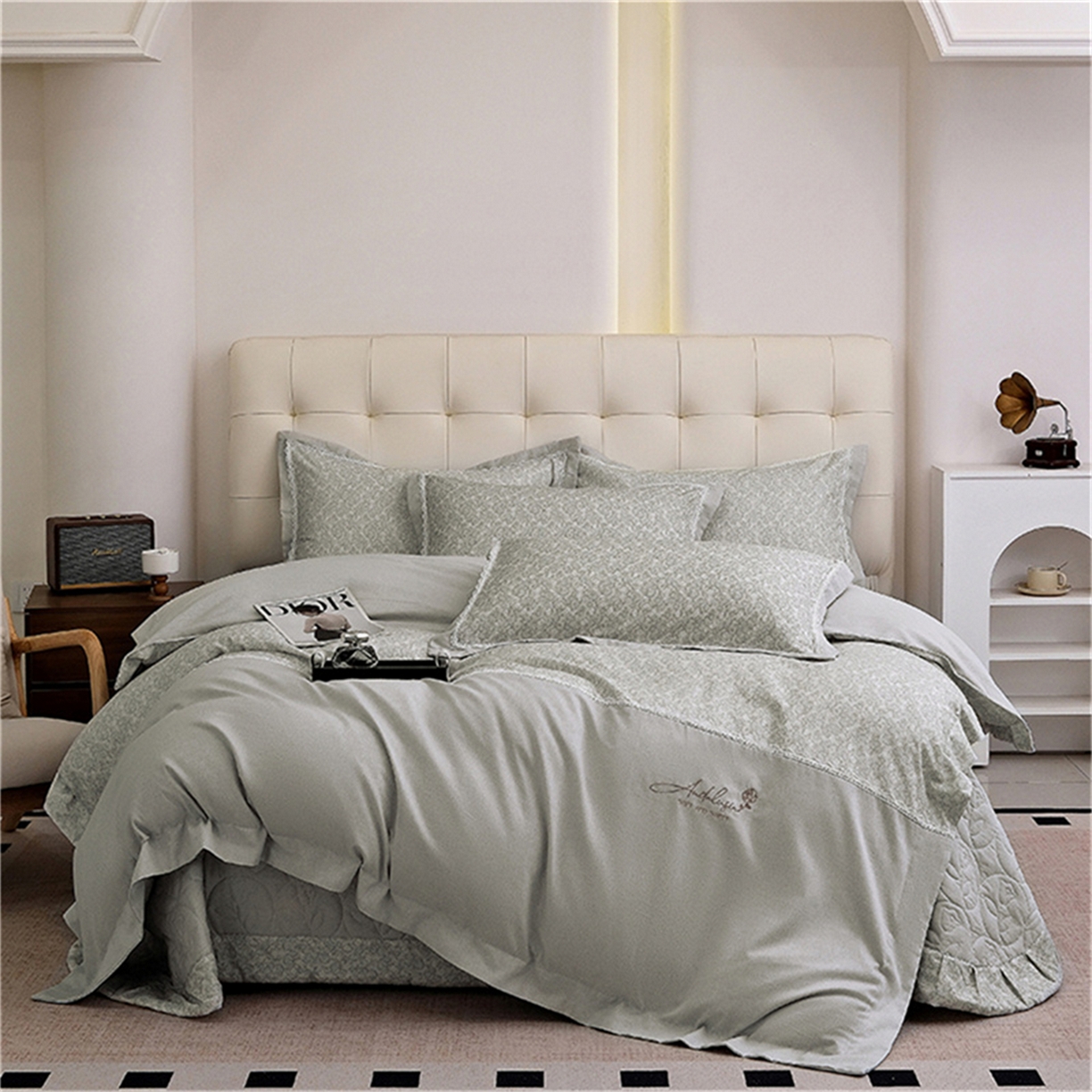 91家纺网 家纺一手货源 找家纺 OL家纺 2025新款100s全棉磨毛印染加刺绣四件套（控价1.5/1.8标准被套折券后368元！！！） 高尚灰