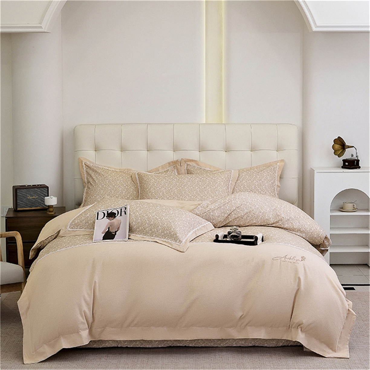 OL家纺 2025新款100s全棉磨毛印染加刺绣四件套（控价1.5/1.8标准被套折券后368元！！！） 香槟金