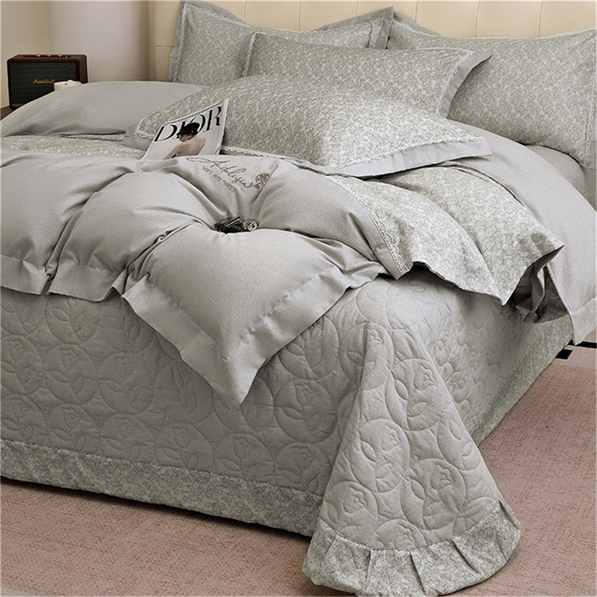 91家纺网 家纺一手货源 找家纺 OL家纺 2025新款100s全棉磨毛印染加刺绣四件套（控价1.5/1.8标准被套折券后368元！！！） 高尚灰