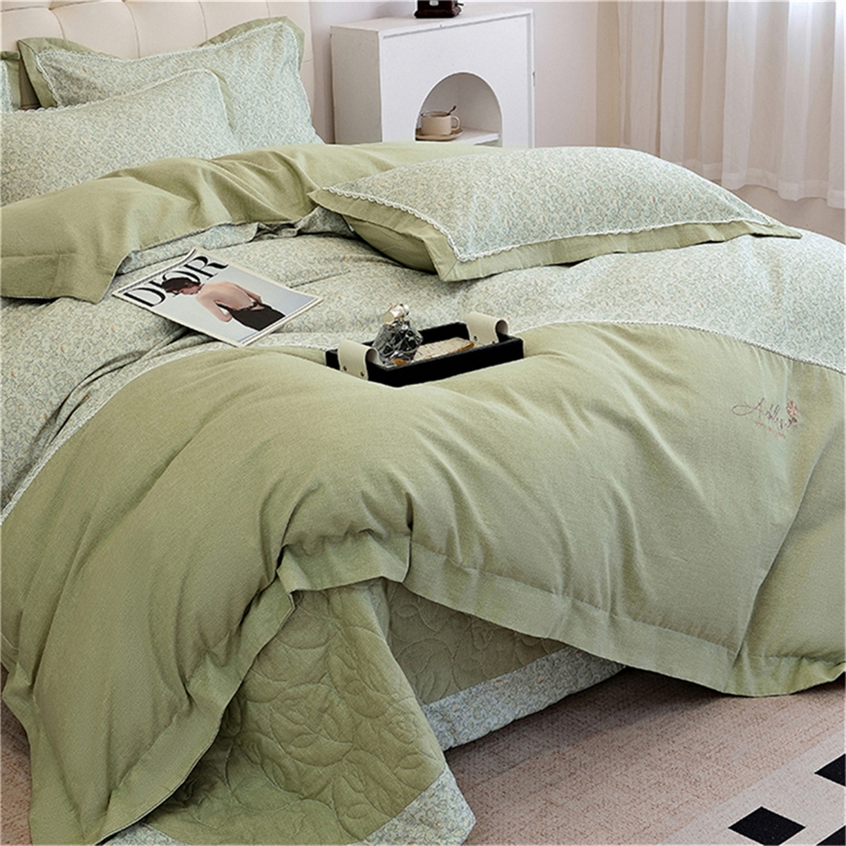 91家纺网 家纺一手货源 找家纺 OL家纺 2025新款100s全棉磨毛印染加刺绣四件套（控价1.5/1.8标准被套折券后368元！！！） 苹果绿