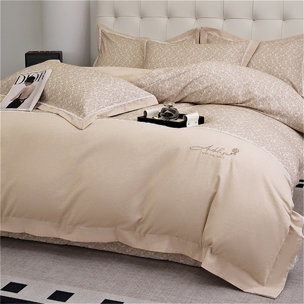 91家纺网 家纺一手货源 找家纺 OL家纺 2025新款100s全棉磨毛印染加刺绣四件套（控价1.5/1.8标准被套折券后368元！！！） 香槟金