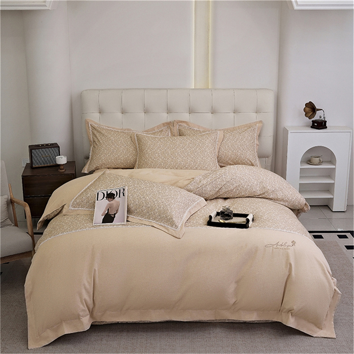 91家纺网 家纺一手货源 找家纺 OL家纺 2025新款100s全棉磨毛印染加刺绣四件套（控价1.5/1.8标准被套折券后368元！！！） 香槟金