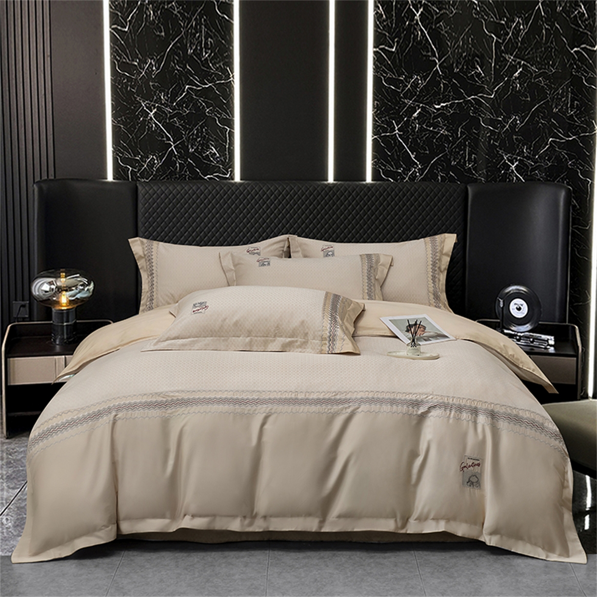 91家纺网 家纺一手货源 找家纺 OL家纺 2025新款140全棉提花刺绣四件套-亚尔夫（控价1.5/1.8标准被套折券后438元！！！） 亚尔夫-香槟金