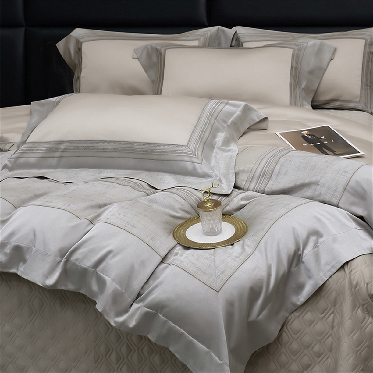 91家纺网 家纺一手货源 找家纺 OL家纺 2025新款天丝棉拼角四件套-爱丽斯娜（控价1.5/1.8标准被套折券后498元！！！） 爱丽斯娜-香槟金