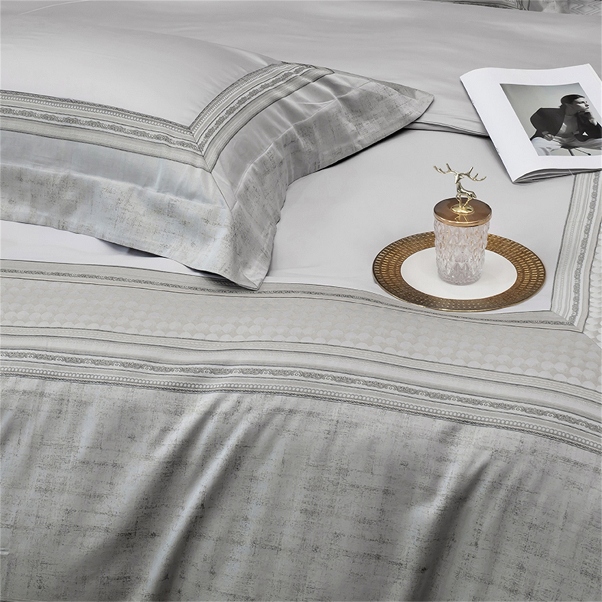 91家纺网 家纺一手货源 找家纺 OL家纺 2025新款天丝棉拼角四件套-爱丽斯娜（控价1.5/1.8标准被套折券后498元！！！） 爱丽斯娜-高尚灰