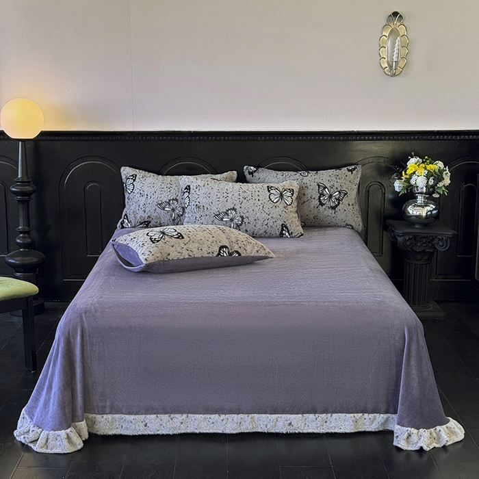 91家纺网 家纺一手货源 找家纺 梵克保罗 2025秋冬新款直播热卖高克重加厚轻奢法式獭兔毛绒牛奶绒美拉德风四件套枕套单被套床单 蝶影