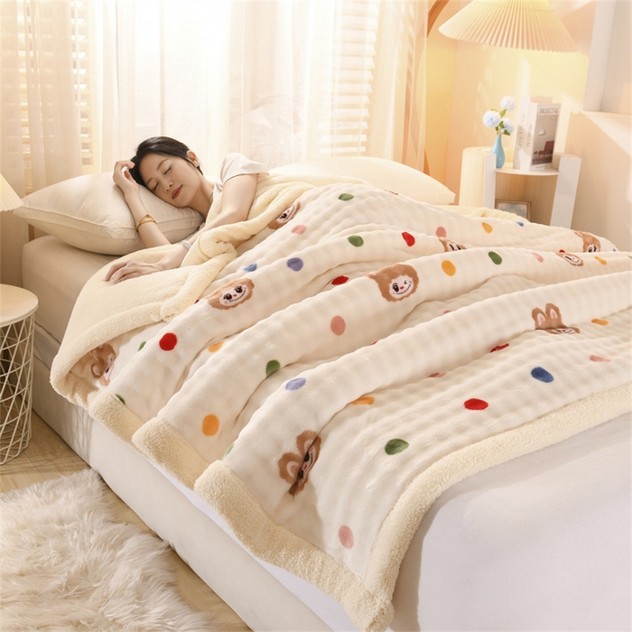 91家纺网 家纺一手货源 找家纺 恋绒家纺 2025新款舒棉绒毛毯三层夹棉牛奶绒印花毛毯卡通秋冬午睡毯多功能盖毯可机洗毯子 彩点拉布布