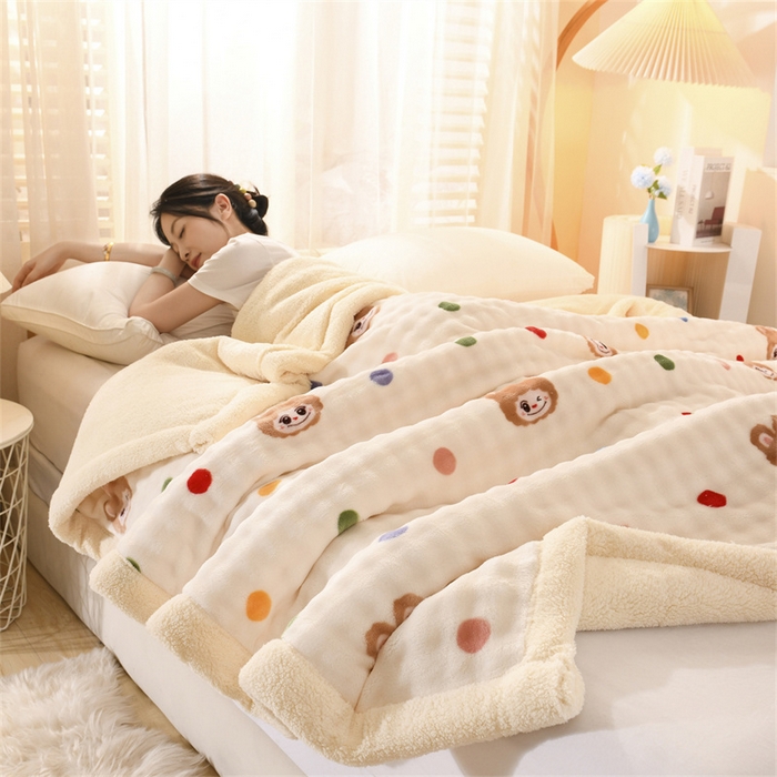 91家纺网 家纺一手货源 找家纺 恋绒家纺 2025新款舒棉绒毛毯三层夹棉牛奶绒印花毛毯卡通秋冬午睡毯多功能盖毯可机洗毯子 彩点拉布布