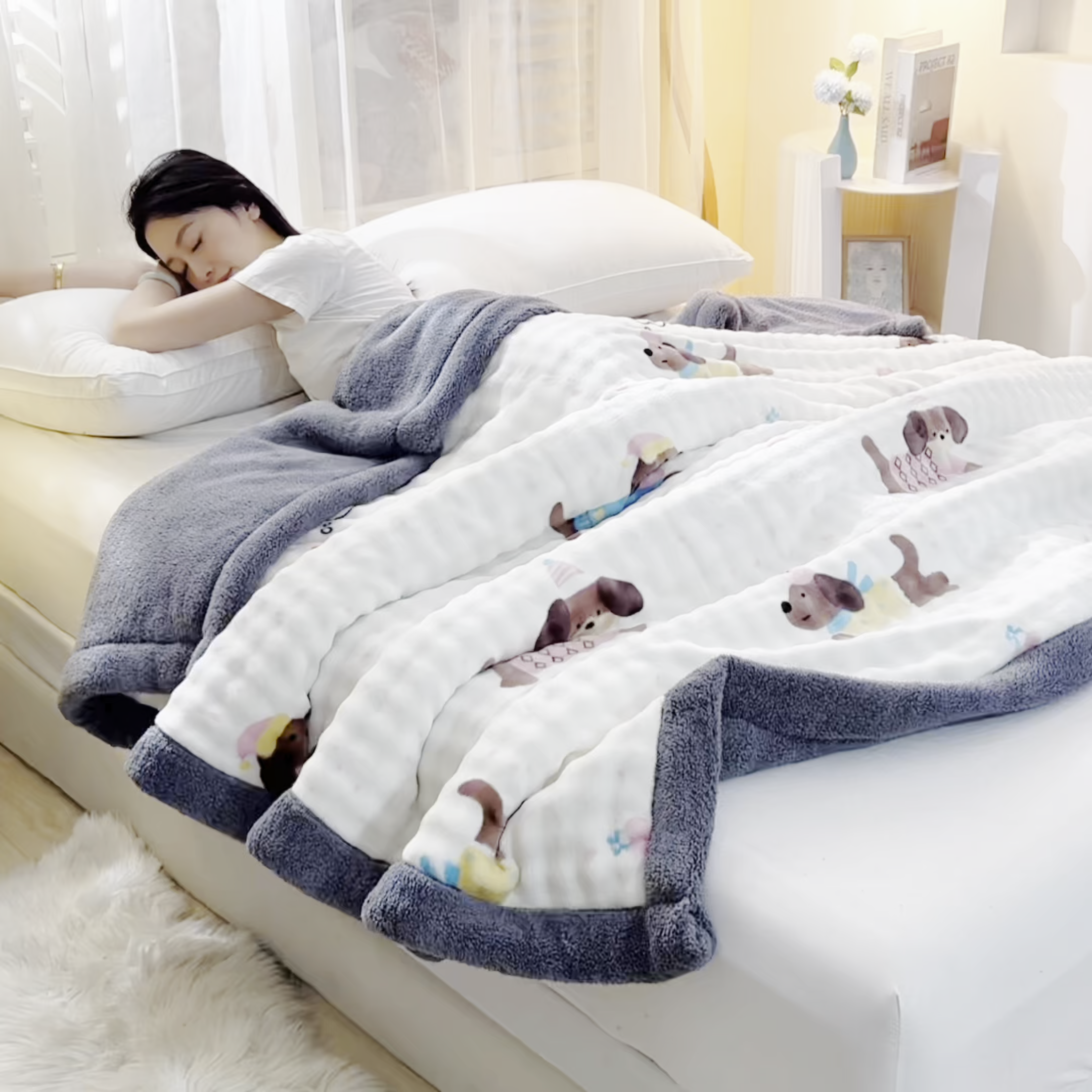 91家纺网 家纺一手货源 找家纺 恋绒家纺 2025新款舒棉绒毛毯三层夹棉牛奶绒印花毛毯卡通秋冬午睡毯多功能盖毯可机洗毯子 腊条狗