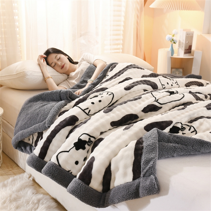 91家纺网 家纺一手货源 找家纺 恋绒家纺 2025新款舒棉绒毛毯三层夹棉牛奶绒印花毛毯卡通秋冬午睡毯多功能盖毯可机洗毯子 猫头斑马纹