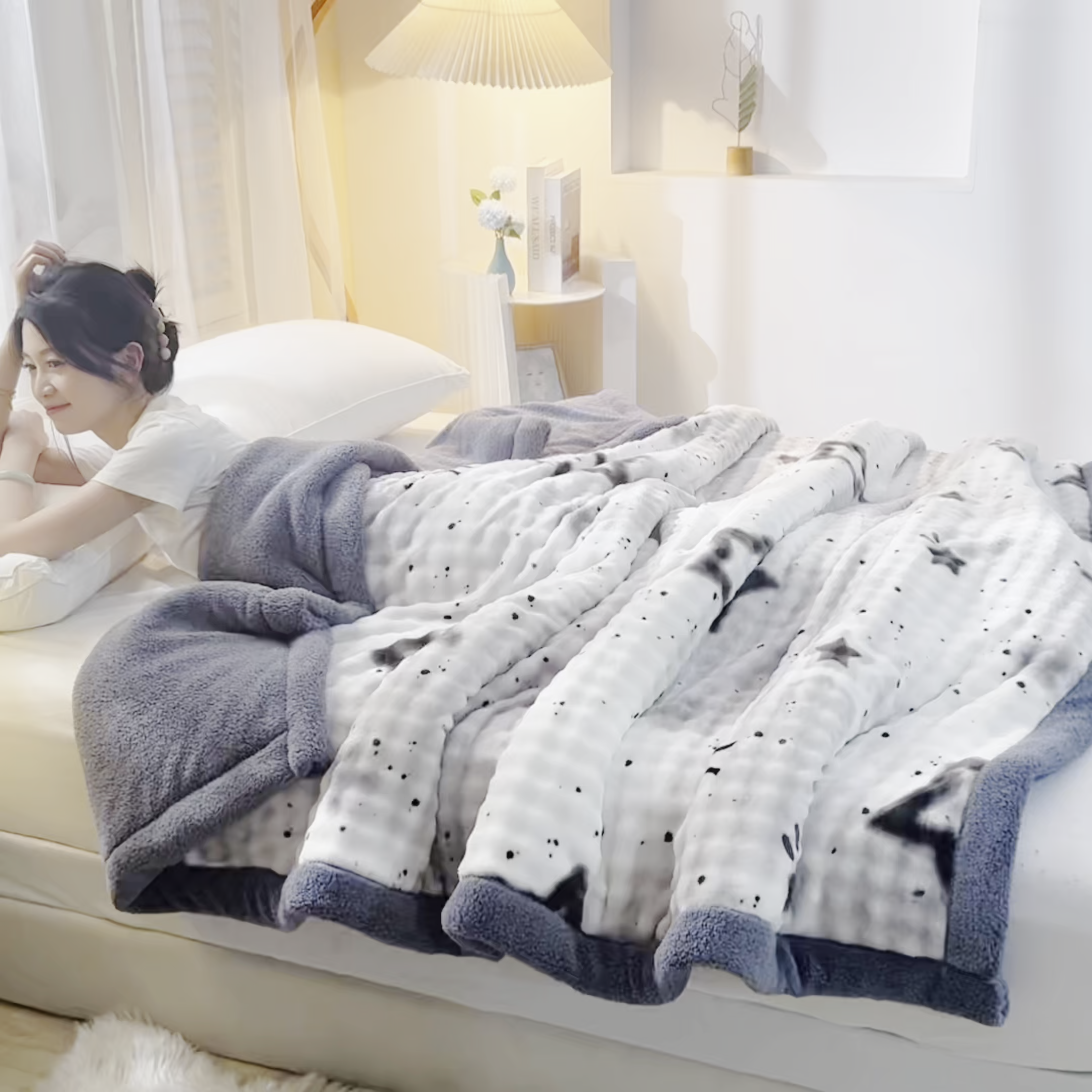 91家纺网 家纺一手货源 找家纺 恋绒家纺 2025新款舒棉绒毛毯三层夹棉牛奶绒印花毛毯卡通秋冬午睡毯多功能盖毯可机洗毯子 星光点点