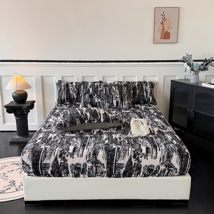 梵克保罗 2025秋冬新款直播热卖高克重加厚轻奢法式獭兔毛绒牛奶绒美拉德风单床笠单枕套 黑白