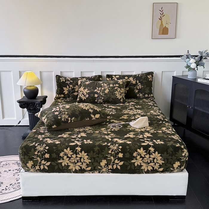 梵克保罗 2025秋冬新款直播热卖高克重加厚轻奢法式獭兔毛绒牛奶绒美拉德风单床笠单枕套 花枝