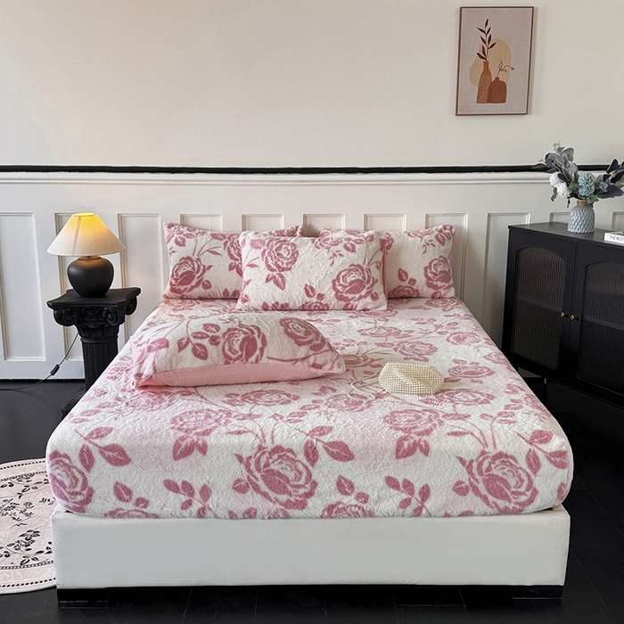 梵克保罗 2025秋冬新款直播热卖高克重加厚轻奢法式獭兔毛绒牛奶绒美拉德风单床笠单枕套 玫语