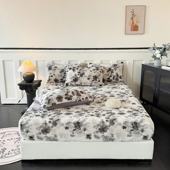 梵克保罗 2025秋冬新款直播热卖高克重加厚轻奢法式獭兔毛绒牛奶绒美拉德风单床笠单枕套 墨染