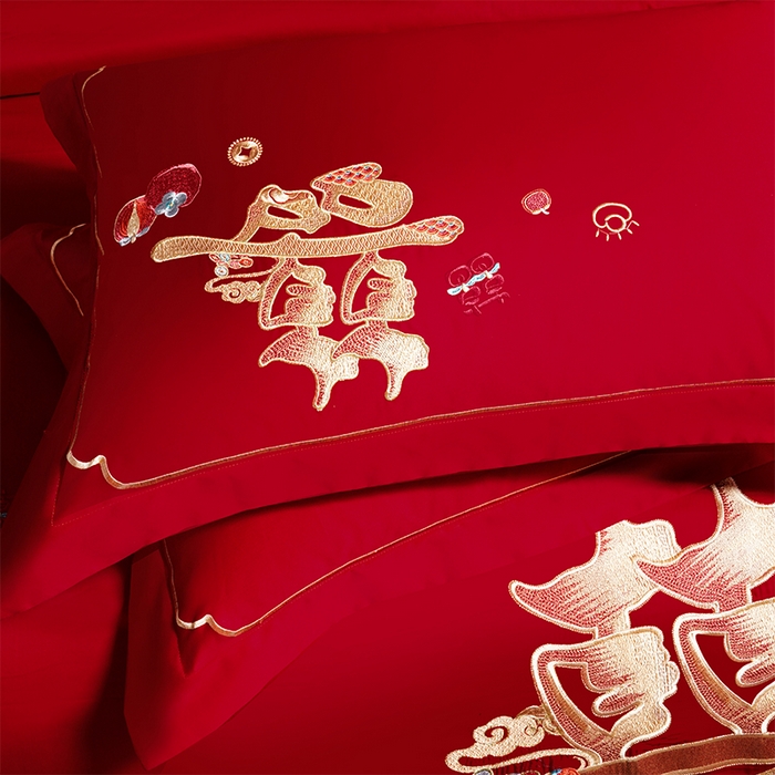 91家纺网 家纺一手货源 找家纺 用心 2025新款婚庆全棉刺绣四件套多件套系列 囍多多