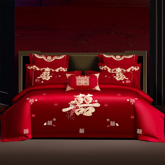 用心 2025新款婚庆全棉刺绣四件套多件套系列 囍多多