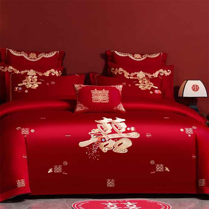 91家纺网 家纺一手货源 找家纺 用心 2025新款婚庆全棉刺绣四件套多件套系列 囍多多