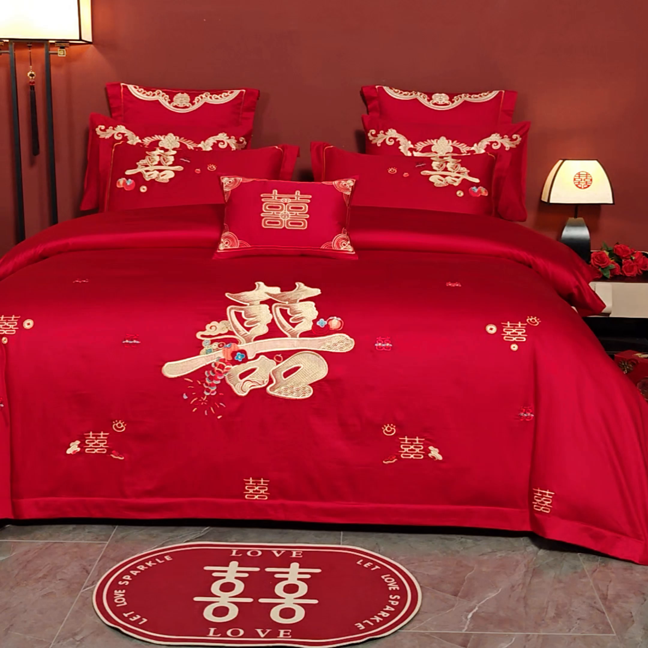 91家纺网 家纺一手货源 找家纺 用心 2025新款婚庆全棉刺绣四件套多件套系列 囍多多