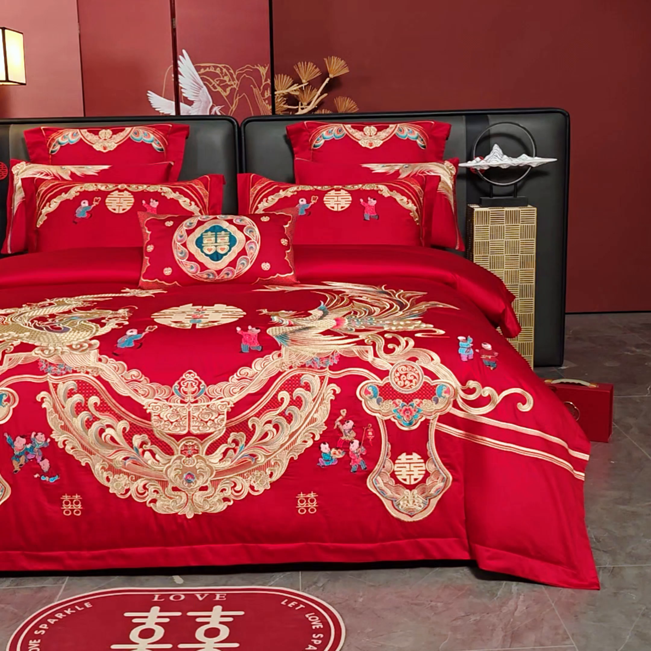 91家纺网 家纺一手货源 找家纺 用心 2025新款婚庆全棉刺绣四件套多件套系列 龙凤百子