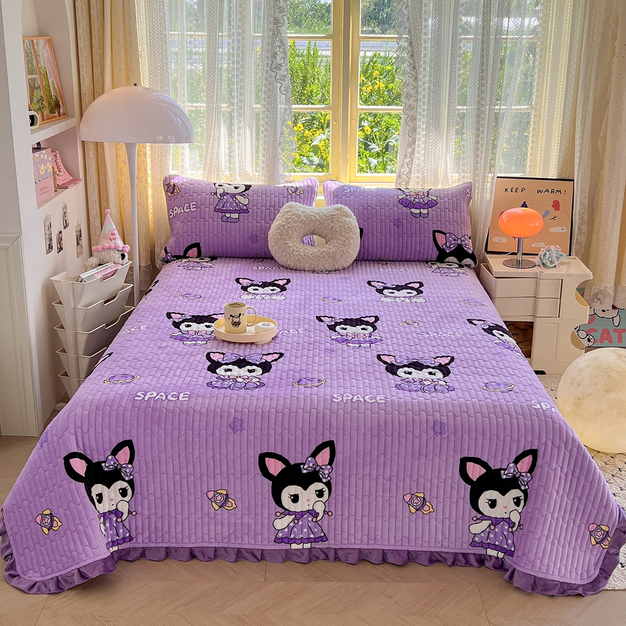 （总）梵克保罗 2025新款A类牛奶绒夹棉花边韩版印花床盖三件套加厚保暖多功能单床盖