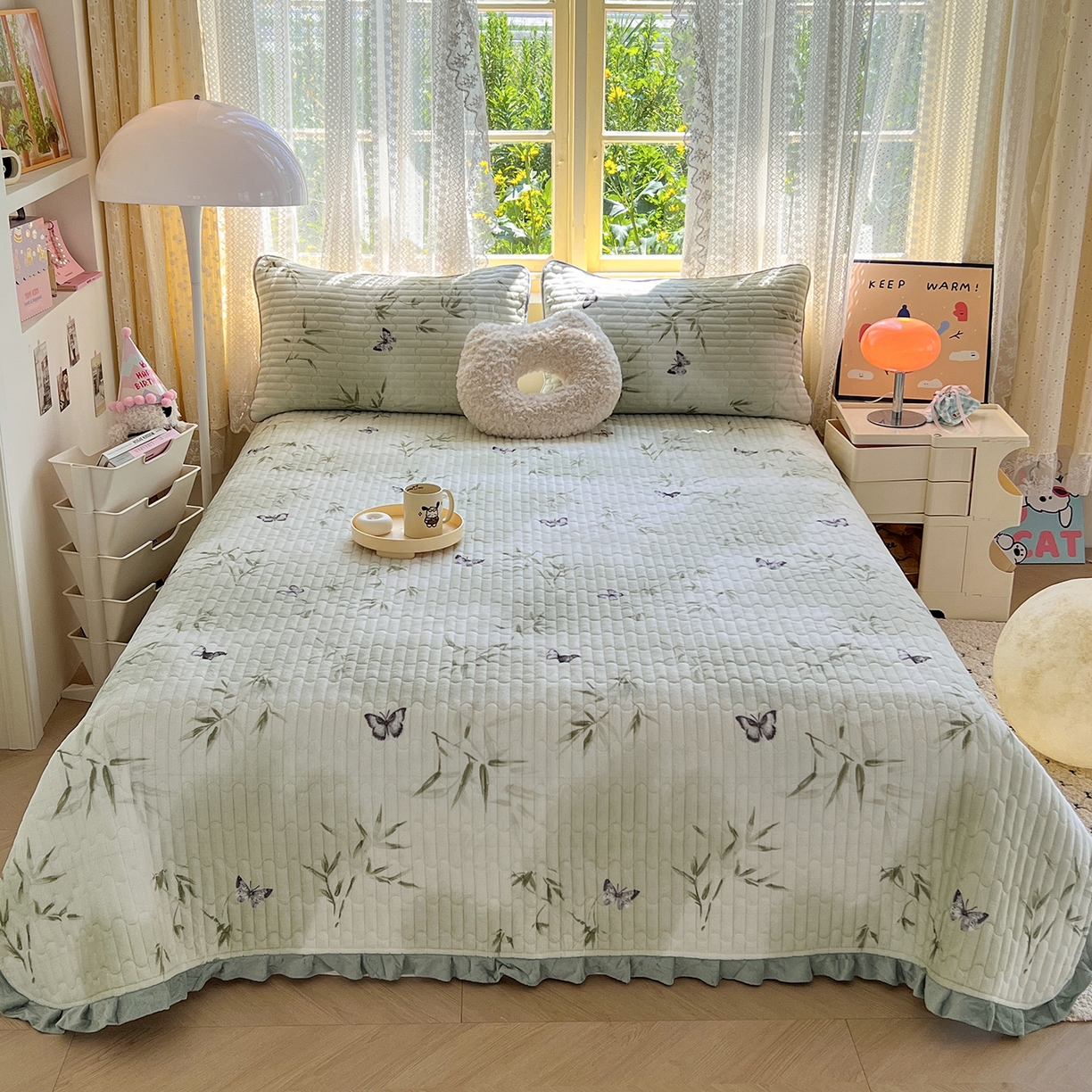 91家纺网 家纺一手货源 找家纺 （总）梵克保罗 2025新款A类牛奶绒夹棉花边韩版印花床盖三件套加厚保暖多功能单床盖