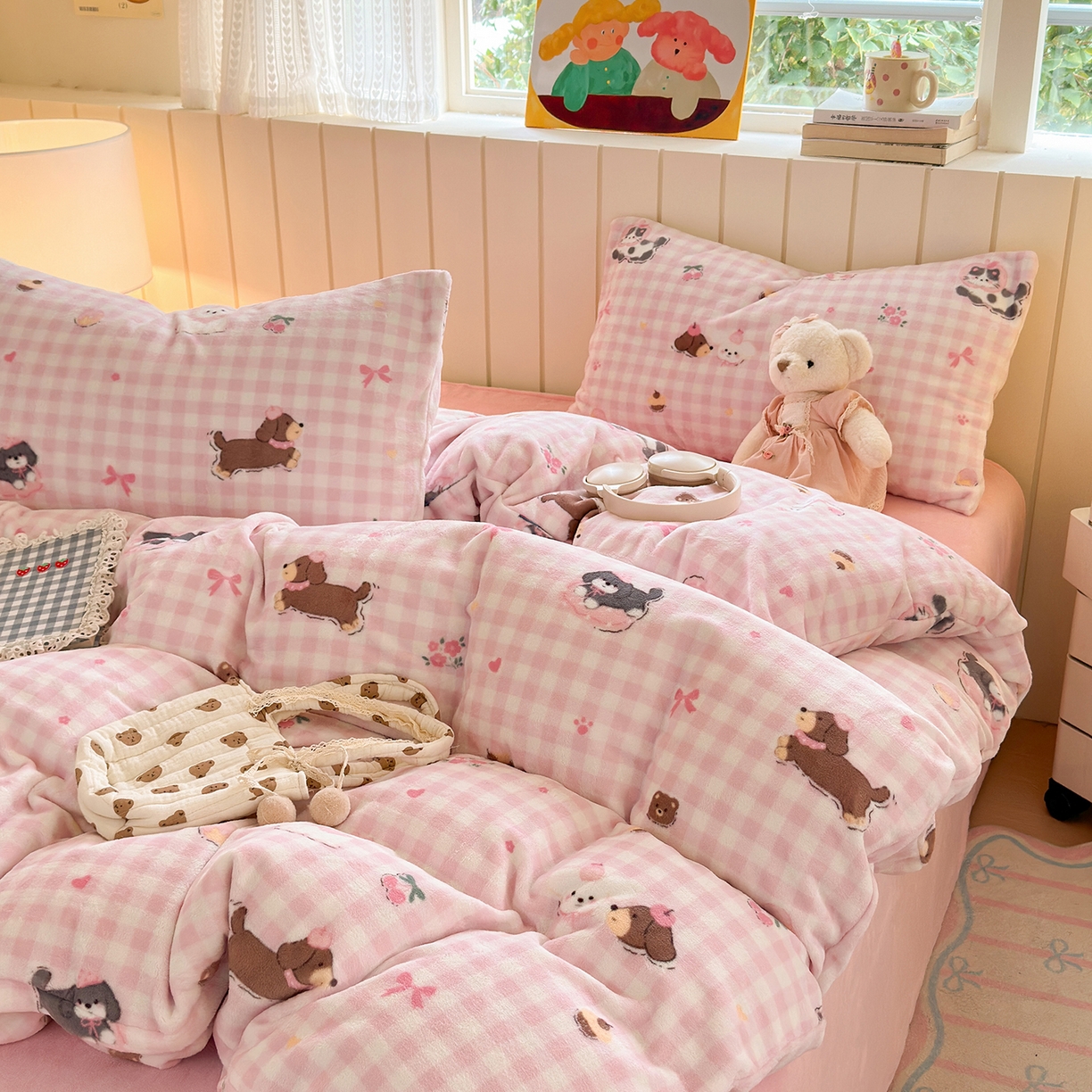 91家纺网 家纺一手货源 找家纺 丽美人家纺 （全尺寸不缺货）2025新款双面高克重牛奶绒被套单件被罩 格子小狗