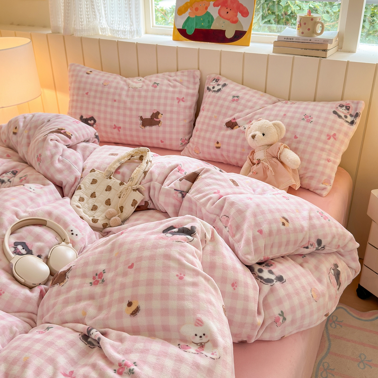 91家纺网 家纺一手货源 找家纺 丽美人家纺 （全尺寸不缺货）2025新款双面高克重牛奶绒被套单件被罩 格子小狗