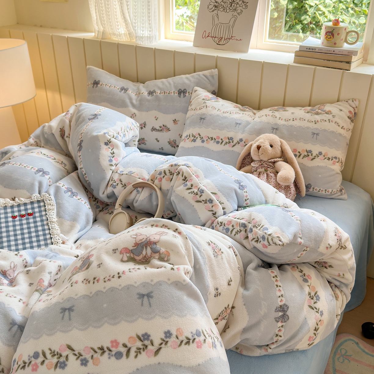 91家纺网 家纺一手货源 找家纺 丽美人家纺 （全尺寸不缺货）2025新款双面高克重牛奶绒被套单件被罩 花边小兔