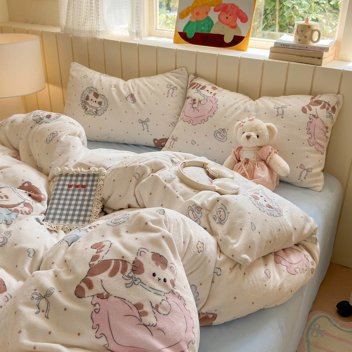 91家纺网 家纺一手货源 找家纺 丽美人家纺 （全尺寸不缺货）2025新款双面高克重牛奶绒被套单件被罩 奶萌小猫