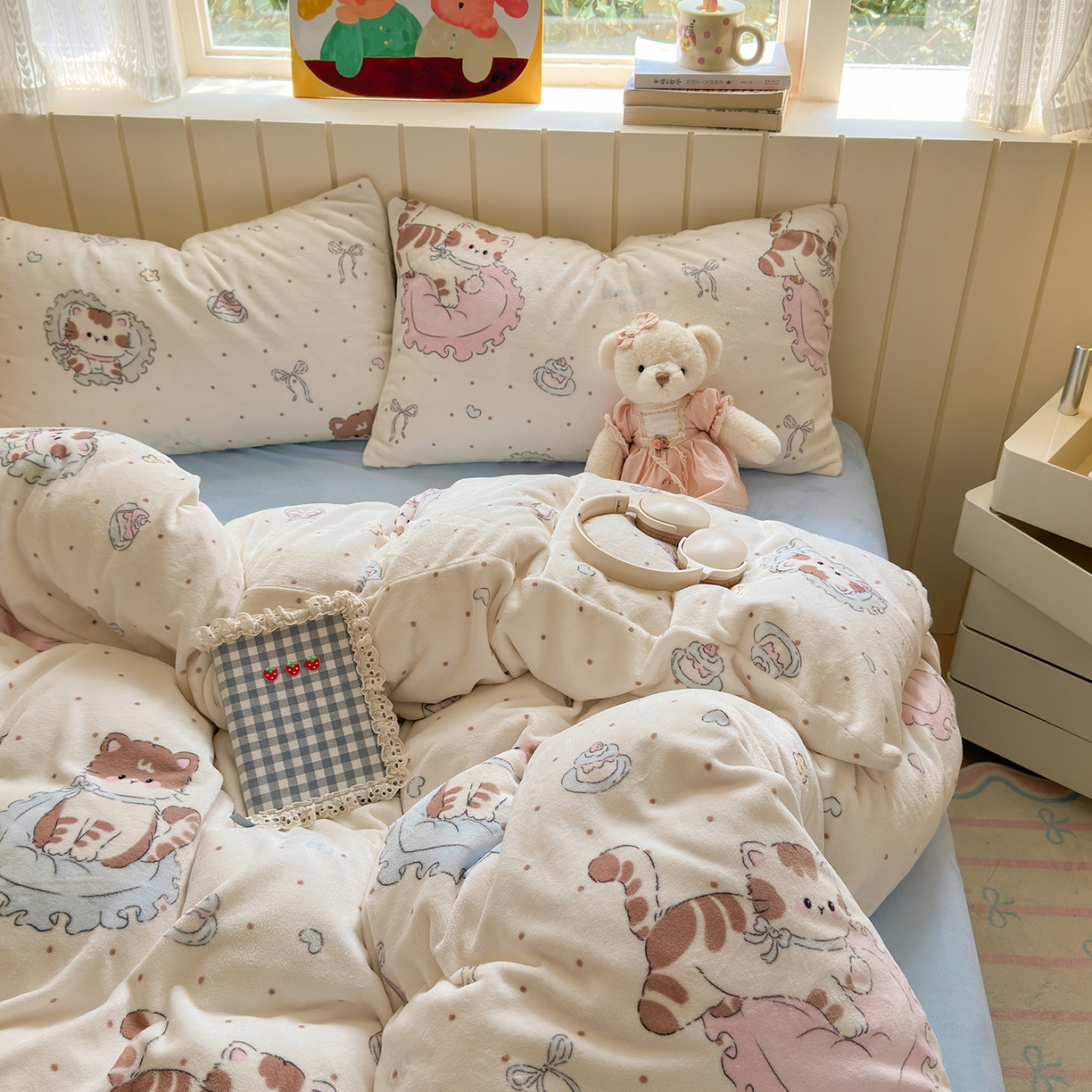 91家纺网 家纺一手货源 找家纺 丽美人家纺 （全尺寸不缺货）2025新款双面高克重牛奶绒被套单件被罩 奶萌小猫