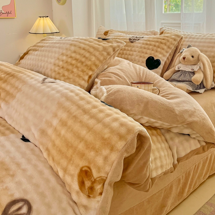 润肤居 2025新款保暖舒适亲肤牛奶绒泡泡四件套 鸡心棕