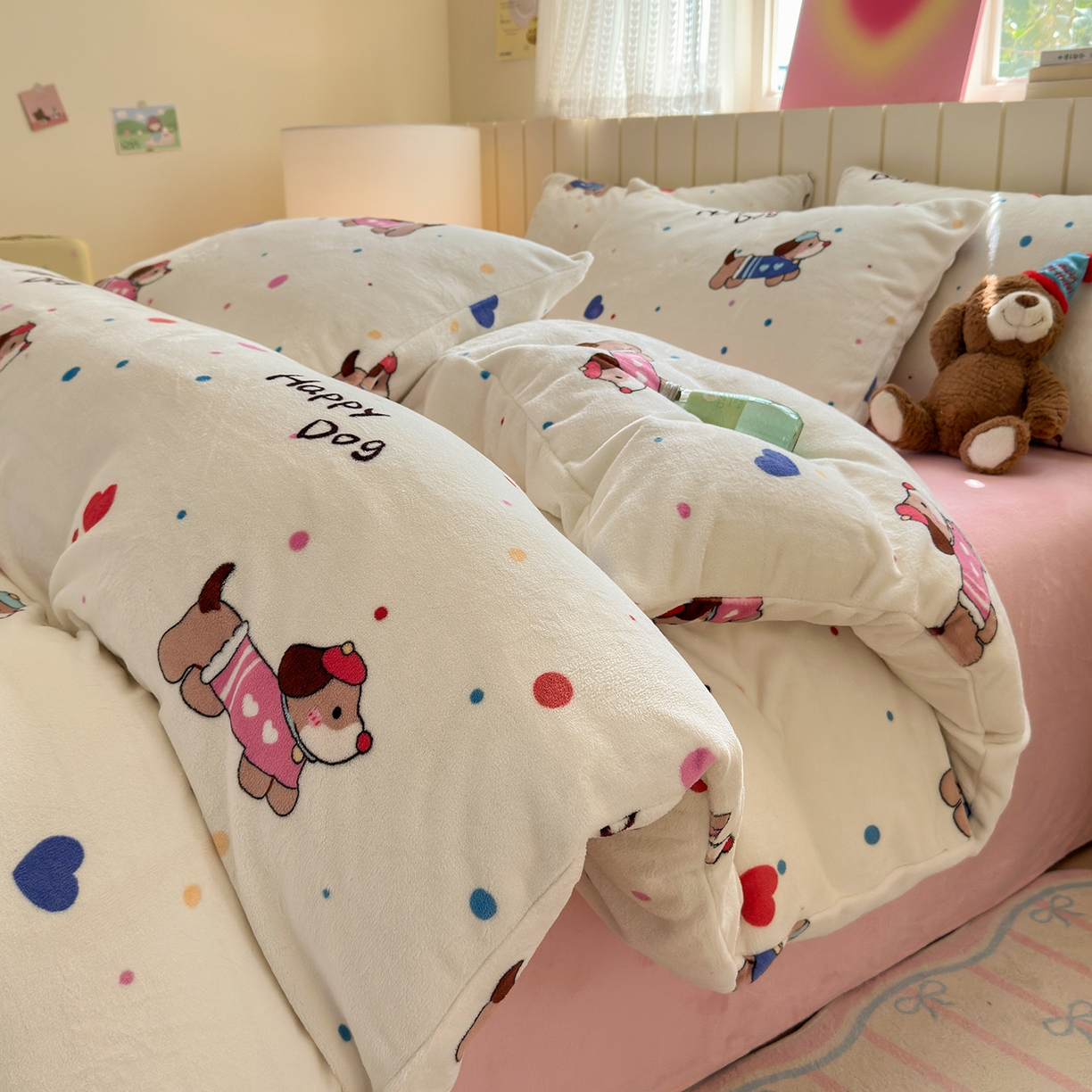 91家纺网 家纺一手货源 找家纺 丽美人家纺 （全尺寸不缺货）2025新款双面高克重牛奶绒被套单件被罩 甜品腊肠狗