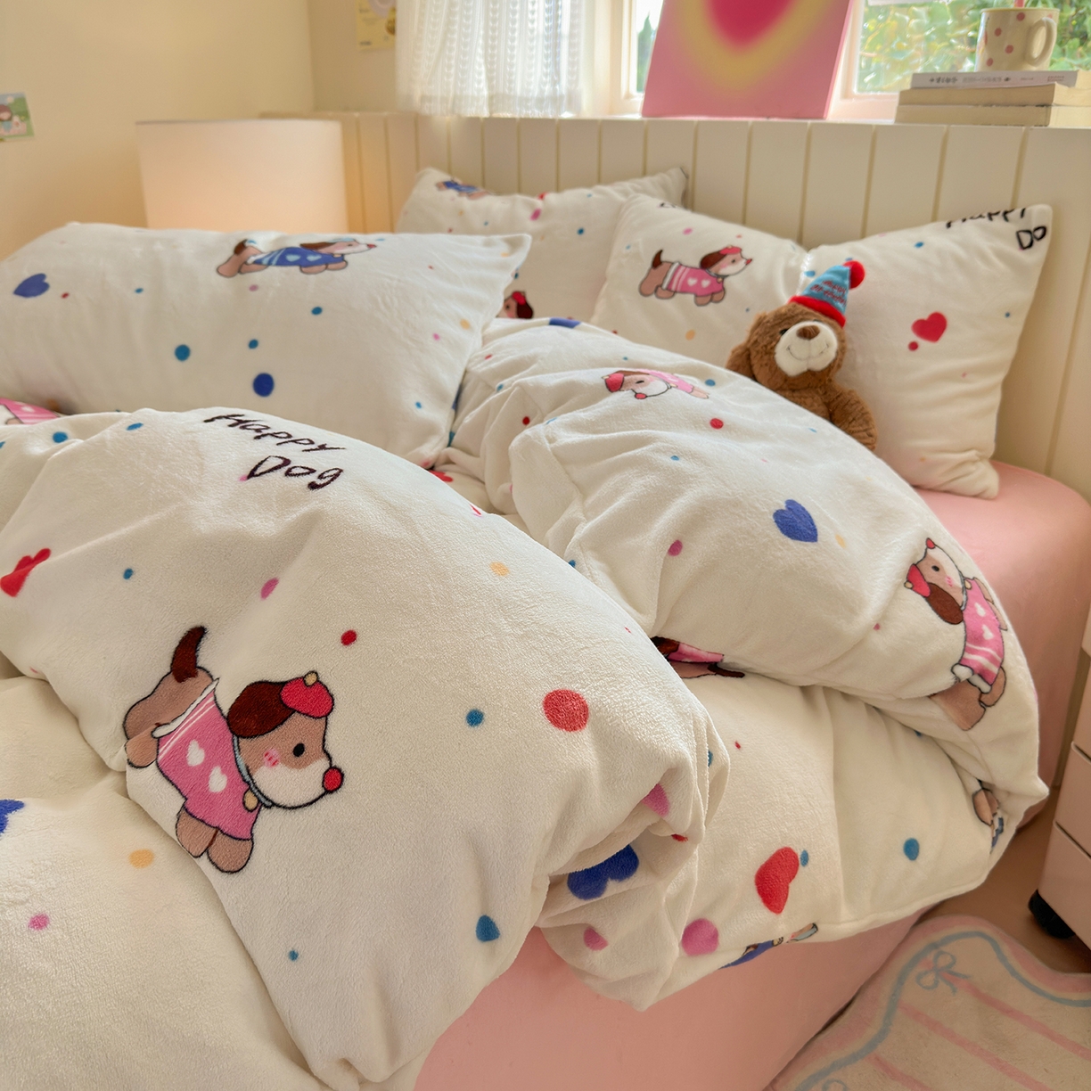 91家纺网 家纺一手货源 找家纺 丽美人家纺 （全尺寸不缺货）2025新款双面高克重牛奶绒被套单件被罩 甜品腊肠狗