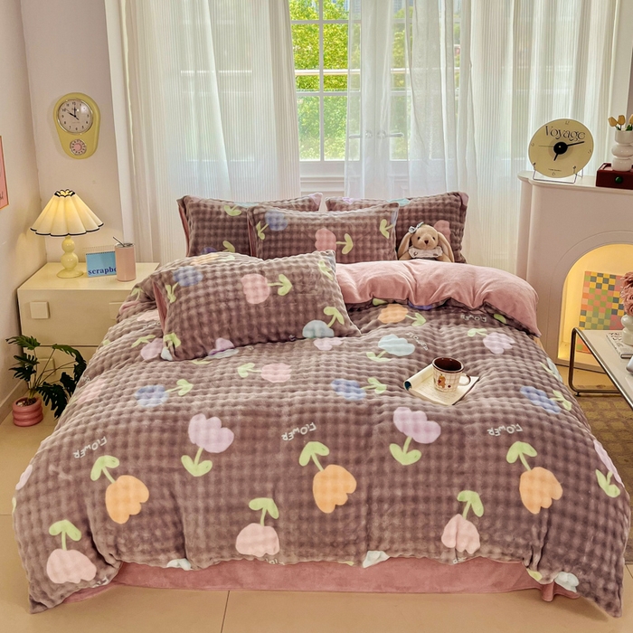 91家纺网 家纺一手货源 找家纺 润肤居 2025新款保暖舒适亲肤牛奶绒泡泡四件套 郁金香灰棕