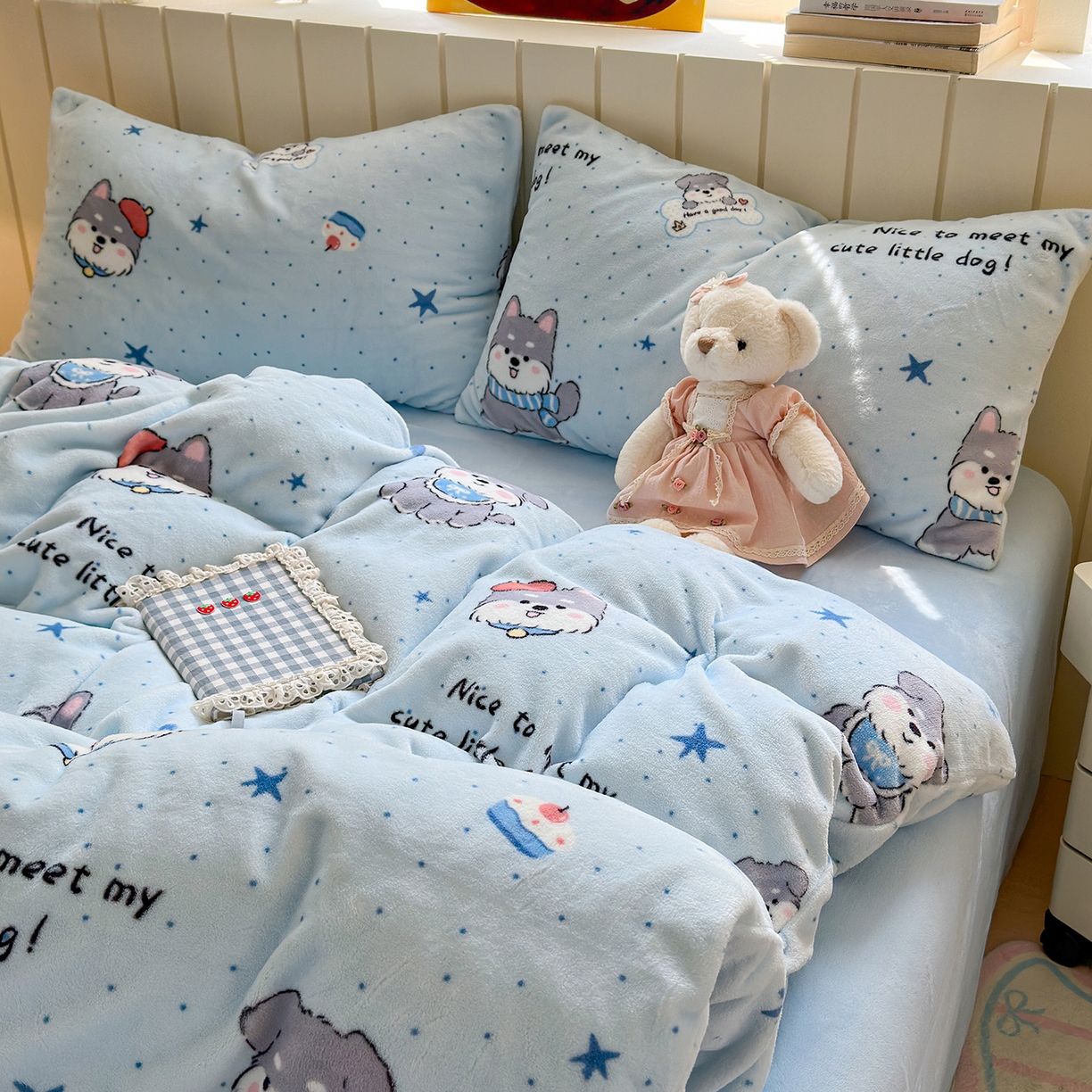 91家纺网 家纺一手货源 找家纺 丽美人家纺 （全尺寸不缺货）2025新款双面高克重牛奶绒被套单件被罩 甜心猫咪-蓝