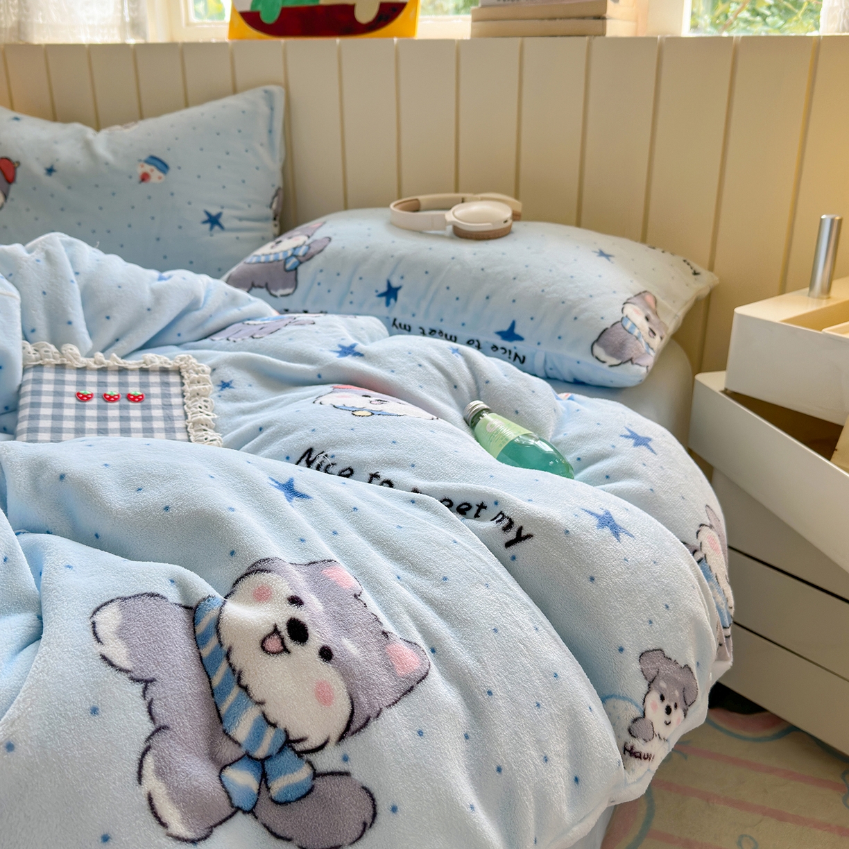 91家纺网 家纺一手货源 找家纺 丽美人家纺 （全尺寸不缺货）2025新款双面高克重牛奶绒被套单件被罩 甜心猫咪-蓝