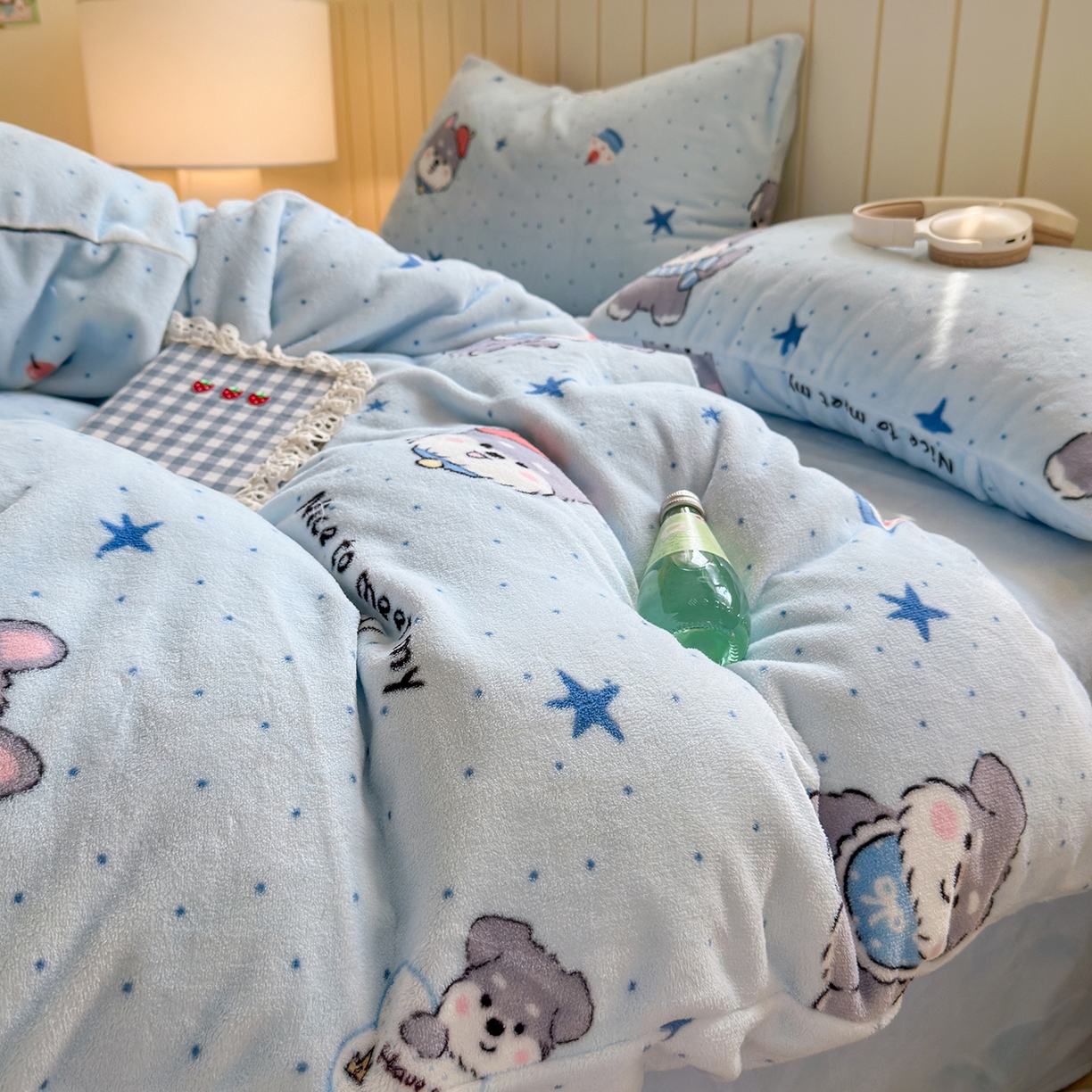 91家纺网 家纺一手货源 找家纺 丽美人家纺 （全尺寸不缺货）2025新款双面高克重牛奶绒被套单件被罩 甜心猫咪-蓝