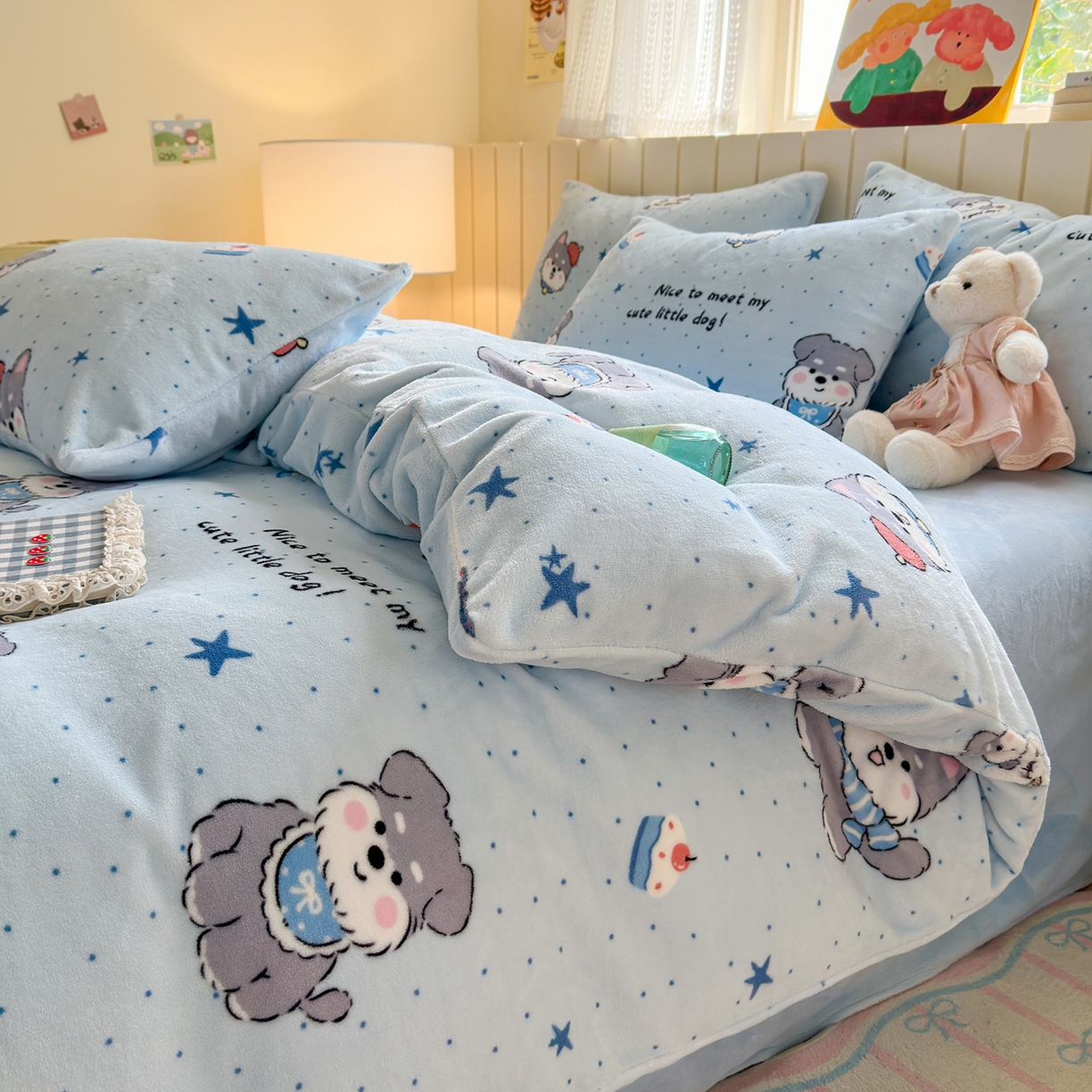 91家纺网 家纺一手货源 找家纺 丽美人家纺 （全尺寸不缺货）2025新款双面高克重牛奶绒被套单件被罩 甜心猫咪-蓝