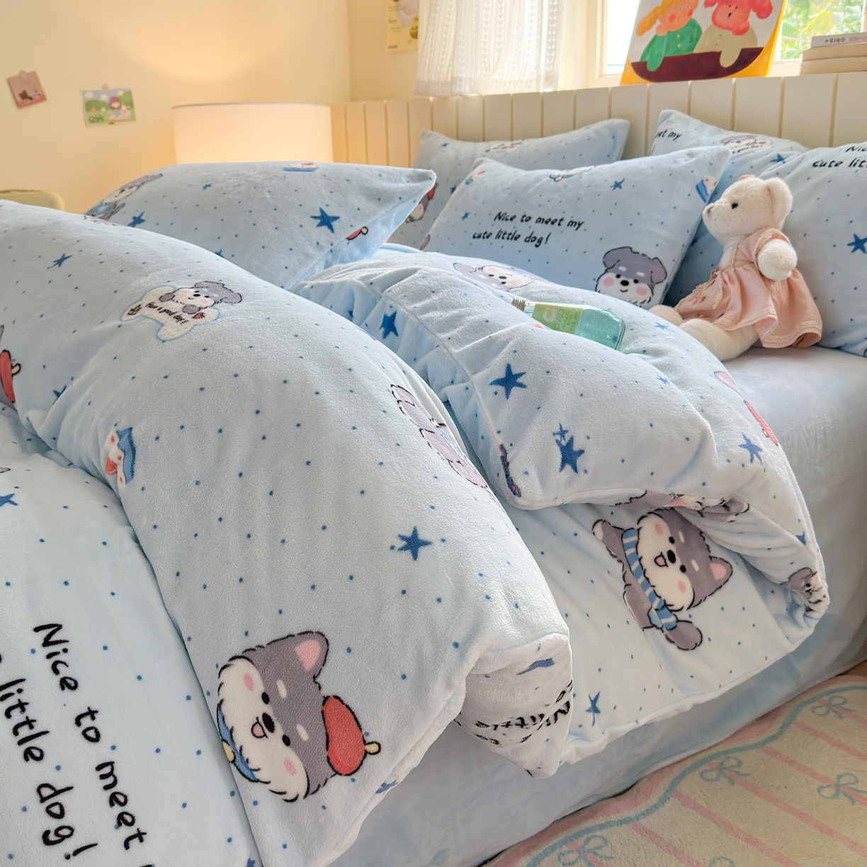 91家纺网 家纺一手货源 找家纺 丽美人家纺 （全尺寸不缺货）2025新款双面高克重牛奶绒被套单件被罩 甜心猫咪-蓝