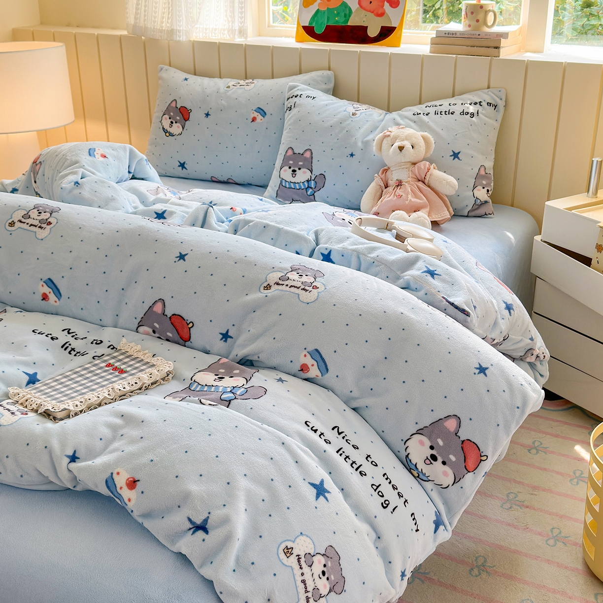 91家纺网 家纺一手货源 找家纺 丽美人家纺 （全尺寸不缺货）2025新款双面高克重牛奶绒被套单件被罩 甜心猫咪-蓝