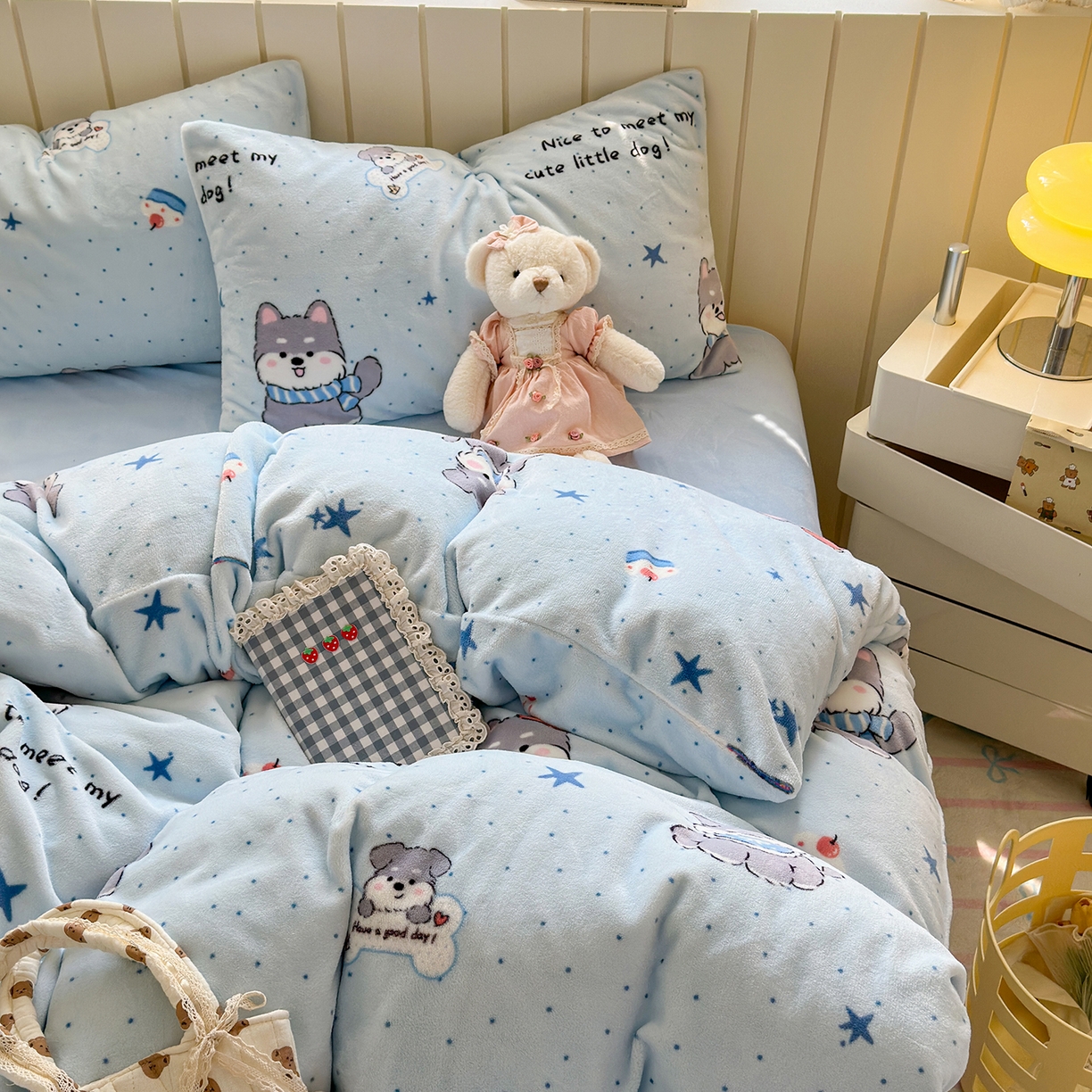 91家纺网 家纺一手货源 找家纺 丽美人家纺 （全尺寸不缺货）2025新款双面高克重牛奶绒被套单件被罩 甜心猫咪-蓝