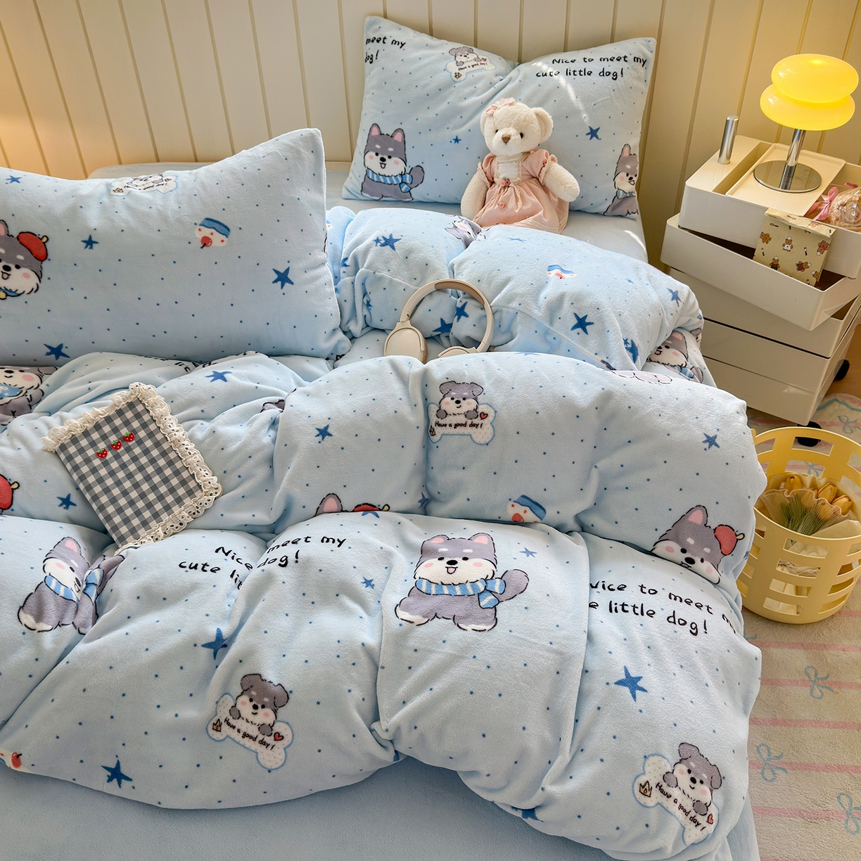 91家纺网 家纺一手货源 找家纺 丽美人家纺 （全尺寸不缺货）2025新款双面高克重牛奶绒被套单件被罩 甜心猫咪-蓝