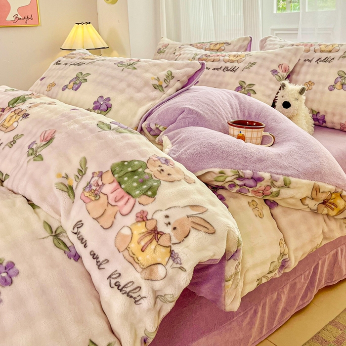 润肤居 2025新款保暖舒适亲肤牛奶绒泡泡四件套 兔子和熊