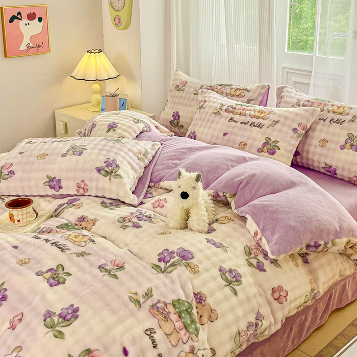 91家纺网 家纺一手货源 找家纺 润肤居 2025新款保暖舒适亲肤牛奶绒泡泡四件套 兔子和熊