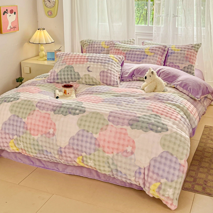 91家纺网 家纺一手货源 找家纺 润肤居 2025新款保暖舒适亲肤牛奶绒泡泡四件套 星月云朵