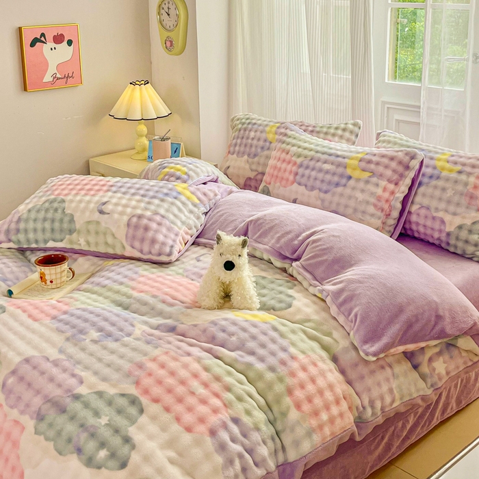 91家纺网 家纺一手货源 找家纺 润肤居 2025新款保暖舒适亲肤牛奶绒泡泡四件套 星月云朵