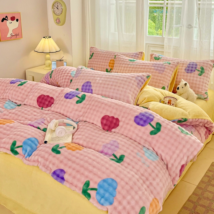 91家纺网 家纺一手货源 找家纺 润肤居 2025新款保暖舒适亲肤牛奶绒泡泡四件套 郁金香粉